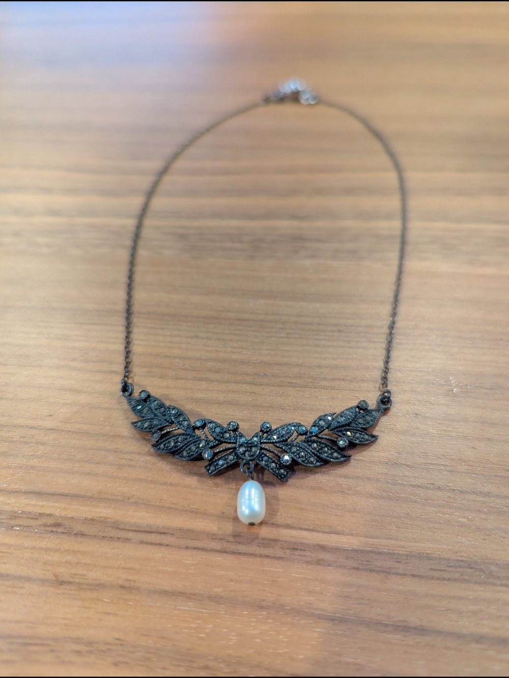 Vintage Judith Jack Style Black Leaf/Wing Necklace with Pearl Drop Pendant